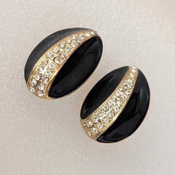 Vintage black enamel clip on earrings with gold and cz accents - Picture 7 of 8